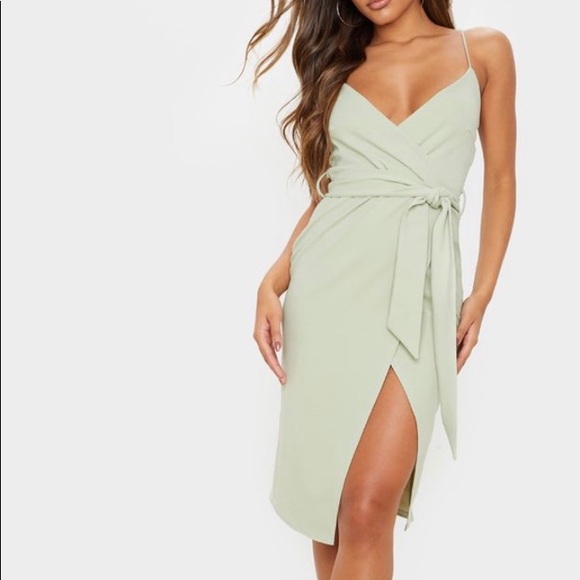 Sage Green Midi Dress with Slit - Picture 2 of 2